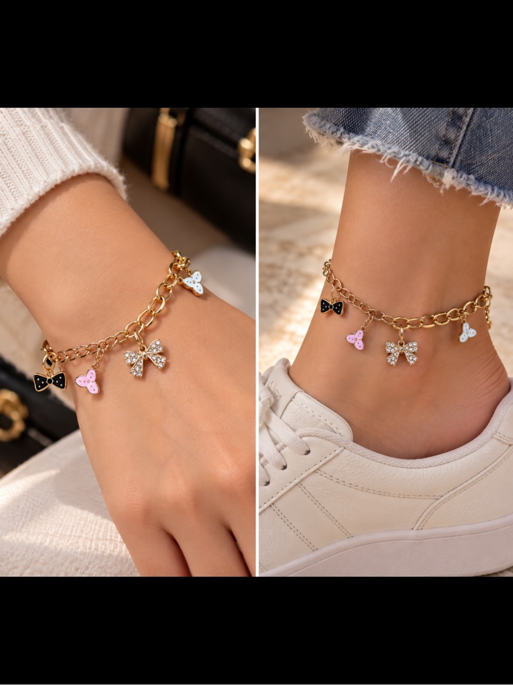 Bow & Enamel Charm Bracelet/Anklet - Pink, Black, White Accents